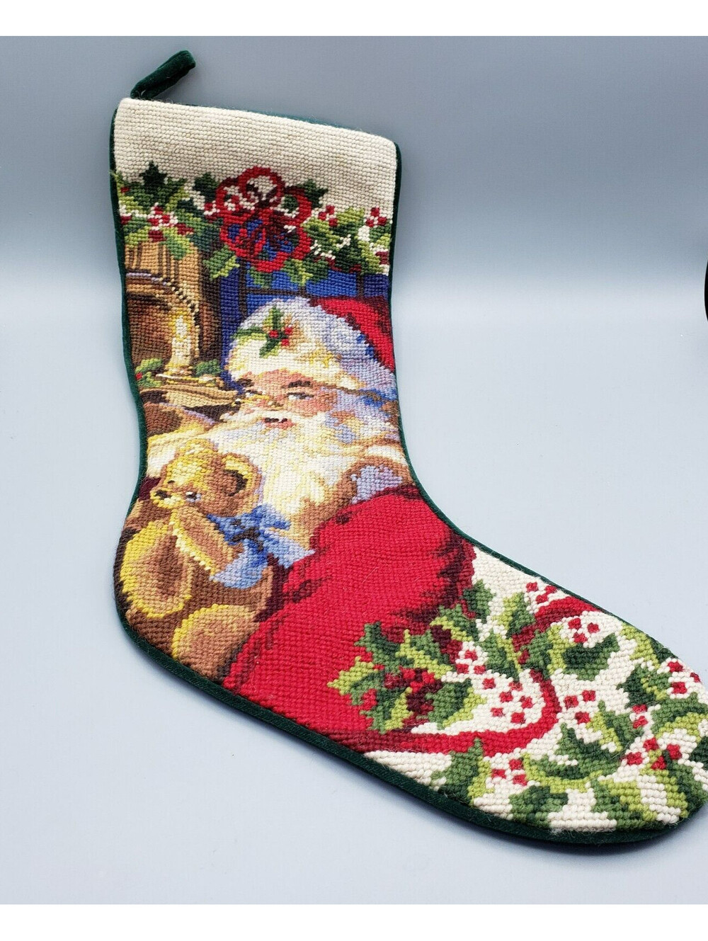 Needlepoint Christmas Stocking Santa with Teddy Bear Green Velvet Holly Berries